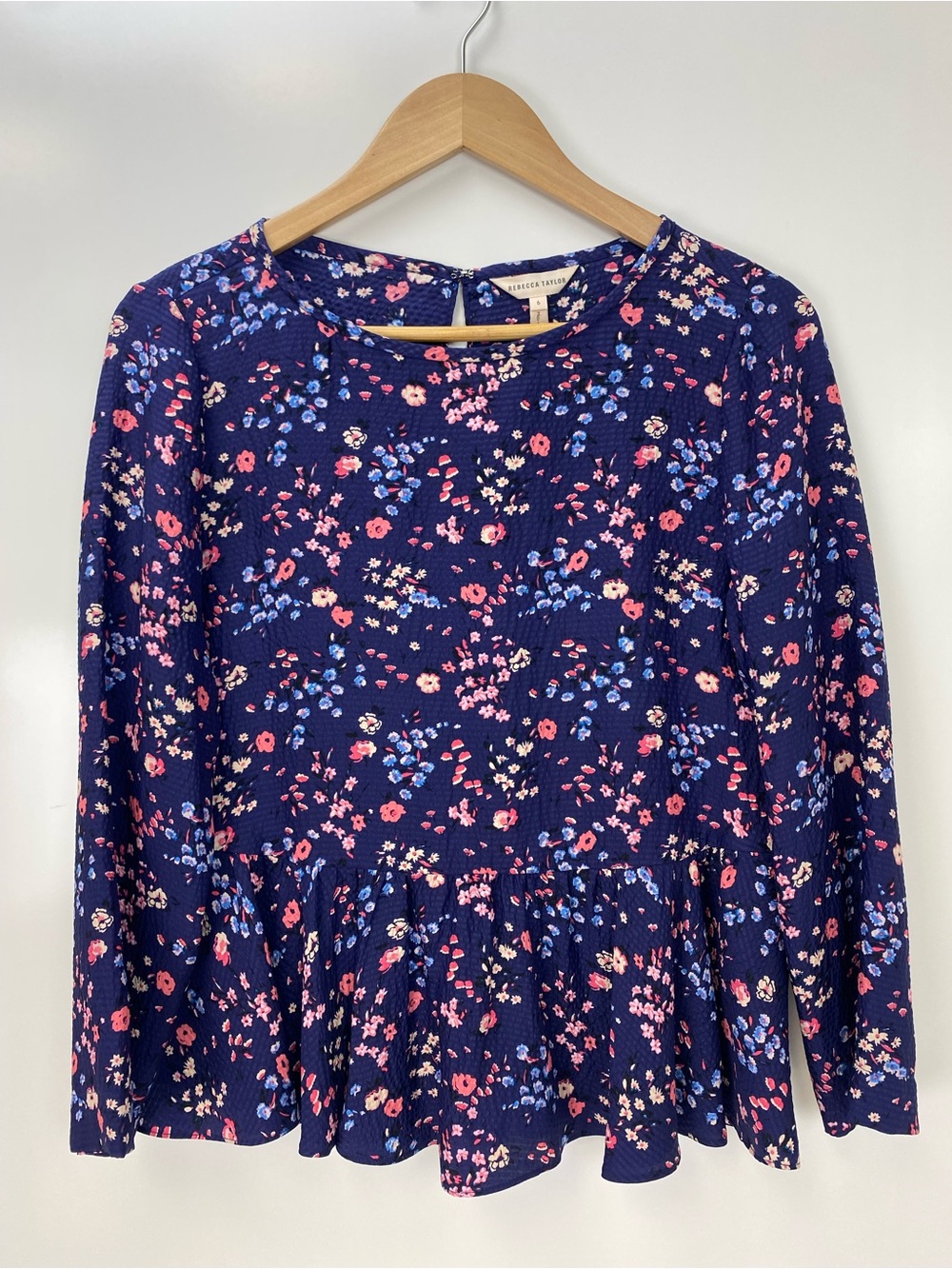 Rebecca Taylor Navy Floral Ruffle-Hem Long Sleeve Top